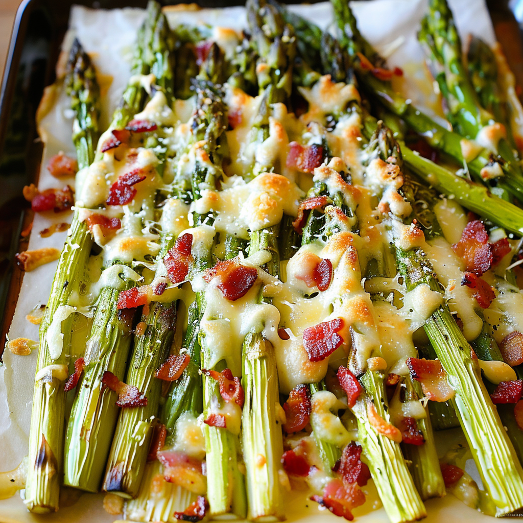 Oven-Roasted Asparagus with Asiago, Bacon, and Garlic