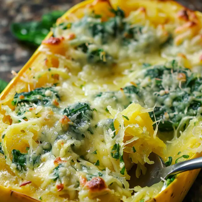 Cheesy Garlic Parmesan Spinach Spaghetti Squash