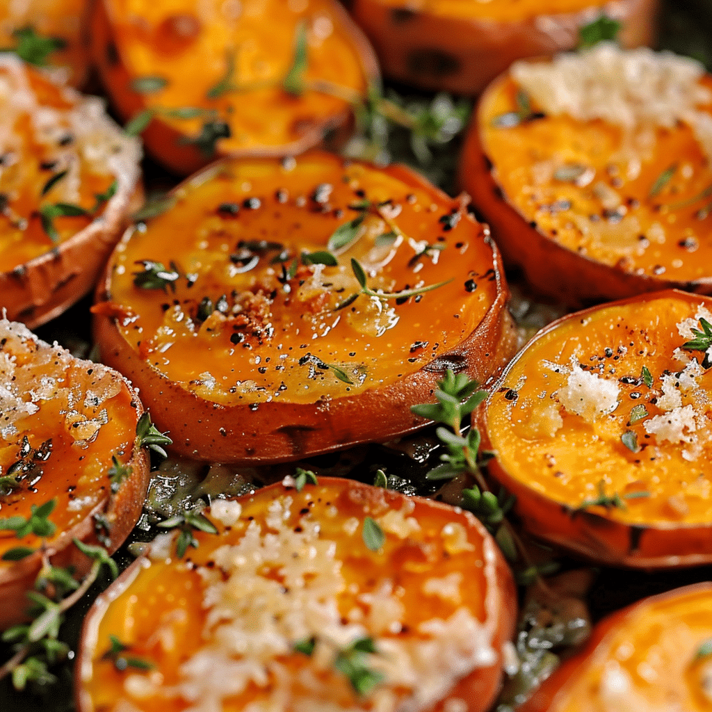 Parmesan Garlic Roasted Sweet Potato Rounds