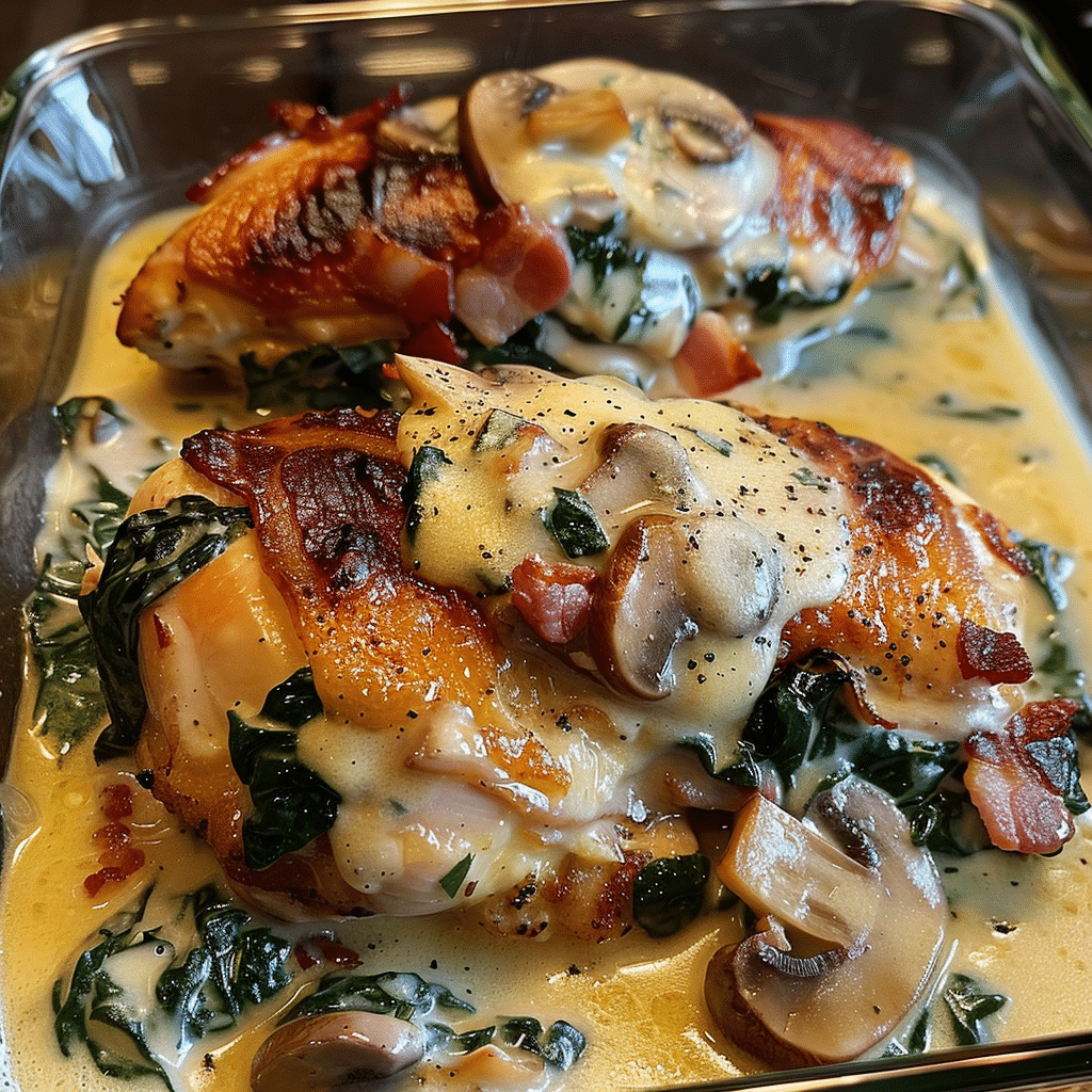 Smothered Chicken with Creamed Spinach, Bacon, Mushrooms