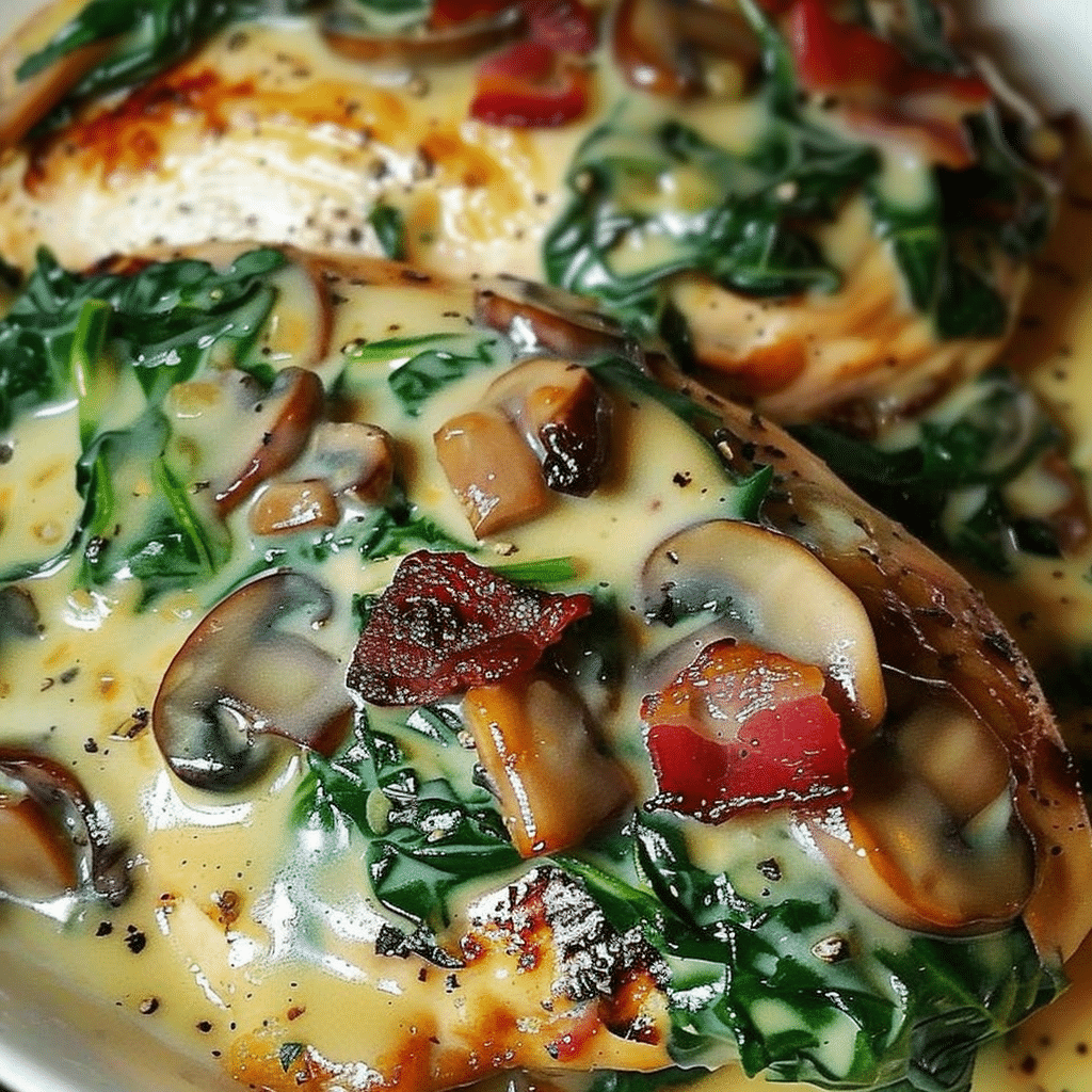 Smothered Chicken with Creamed Spinach, Bacon, Mushrooms